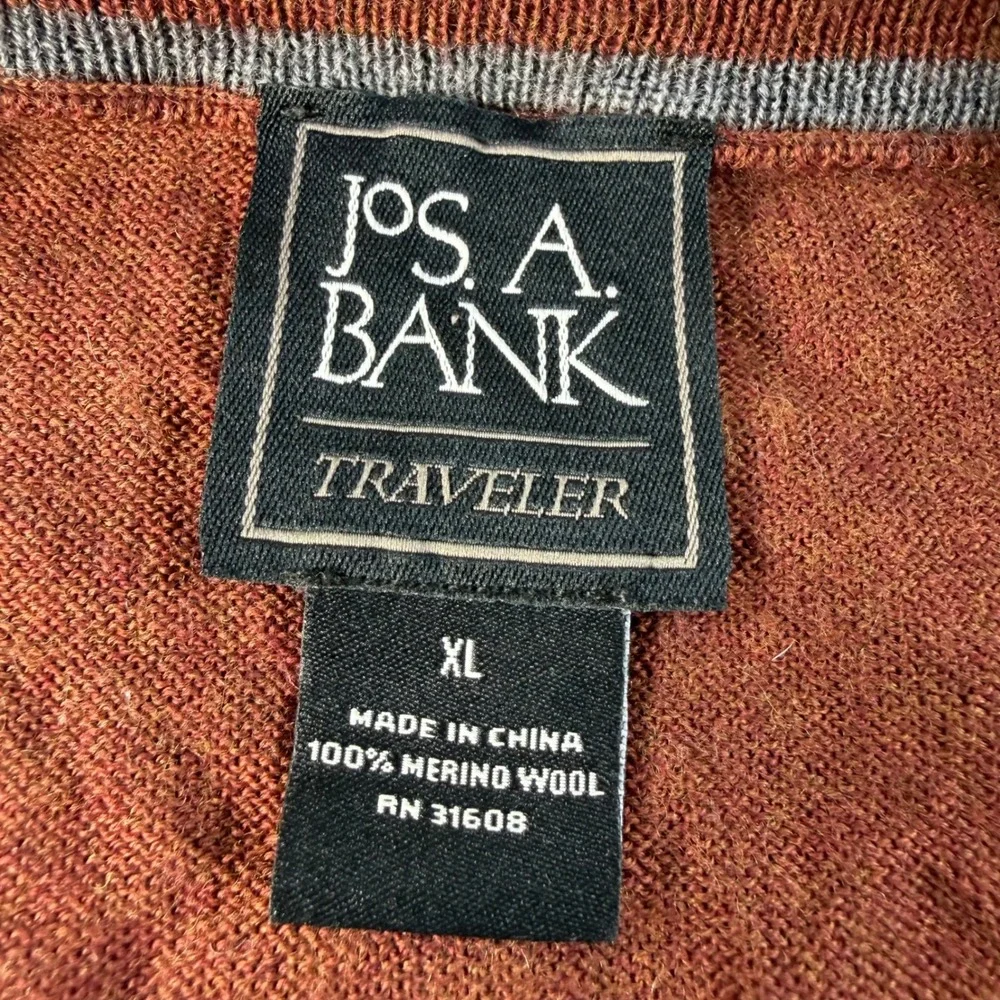 Jos. A. Bank Sweater V-Neck Traveler Men XL Rust Orange 100% Merino Wool Knit